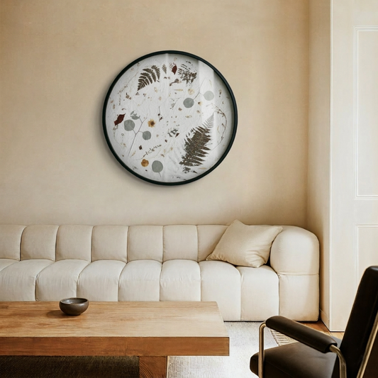 Nudiflorum R55/03 circular botanical wall art with pressed ferns and mixed dried botanicals, black metal frame with glass, hung on a neutral wall above a quilted sofa and wooden coffe table
