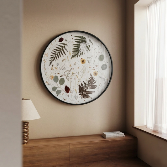 Nudiflorum R55/04 round wall decoration with a botanical motif, black metal frame with glass, pressed botanical elements on a textured white background, a neutral wall, a bright window and natural light