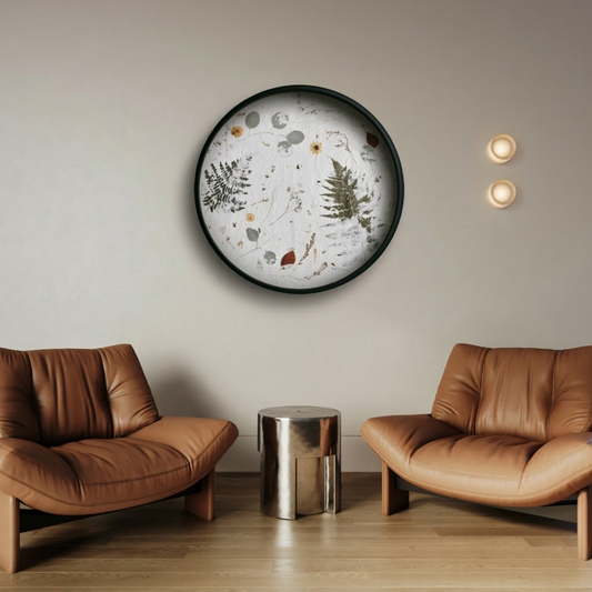 A round wall decoration with a floral motif, the Nudiflorum R55/05, hangs on a neutral wall in a minimalist living room featuring caramel-coloured leather armchairs and a steel coffee table