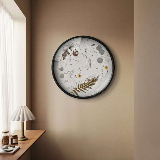 Nudiflorum R55/02 botanical wall art hung on a warm taupe wall beside a window, styled with a wooden shelf, linen lamp and candle