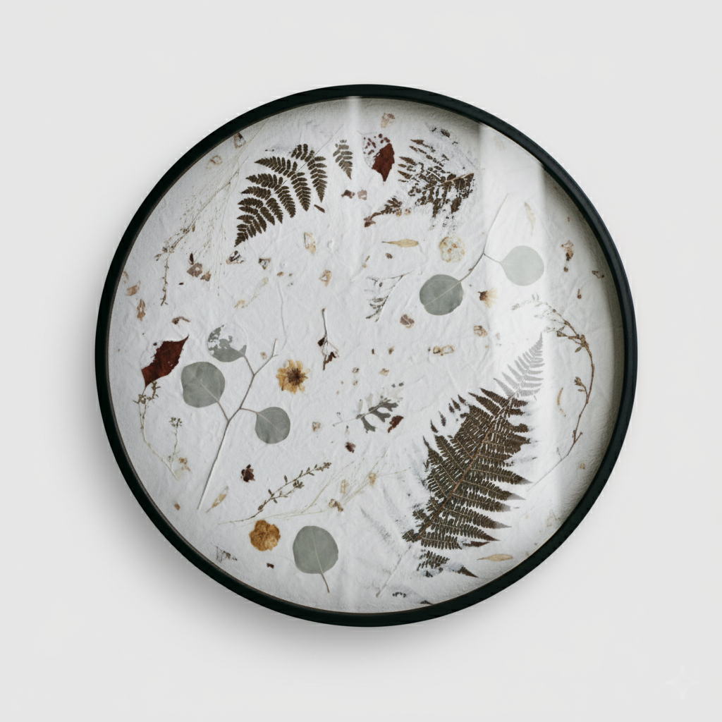 Joanna Jernajczyk for Nudiflorum R55/03 — circular botanical wall art with pressed ferns, eucalyptus, dried flowers and meadow botanicals on white textured ground, black metal frame, 55 cm