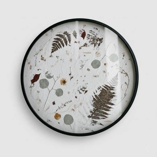 Joanna Jernajczyk for Nudiflorum R55/03 — circular botanical wall art with pressed ferns, eucalyptus, dried flowers and meadow botanicals on white textured ground, black metal frame, 55 cm