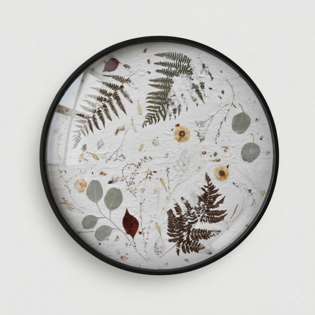 Joanna Jernajczyk for Nudiflorum R55/04 — circular botanical wall art with pressed ferns, eucalyptus, dried flowers and meadow botanicals on white textured ground, black metal frame, 55 cm
