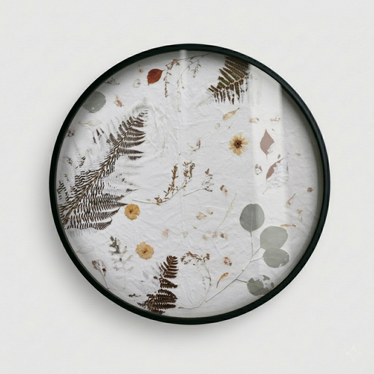 Joanna Jernajczyk for Nudiflorum R55/01 — circular botanical wall art with pressed ferns, dried yellow flowers, eucalyptus and autumn leaves on white textured ground, black metal frame, 55 cm