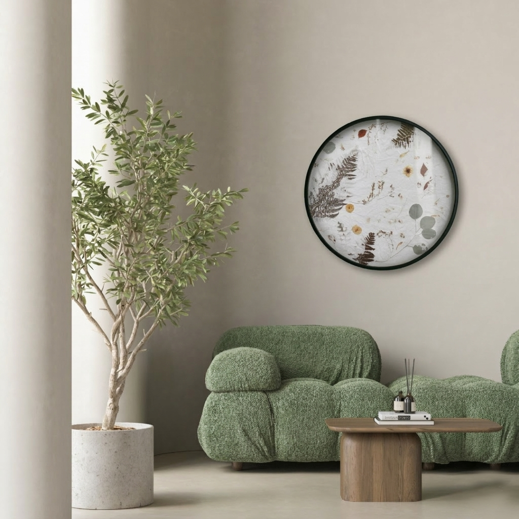 Nudiflorum R55/01 botanical wall art installed above a green boucle sofa in a contemporary living room with warm beige walls and natural light