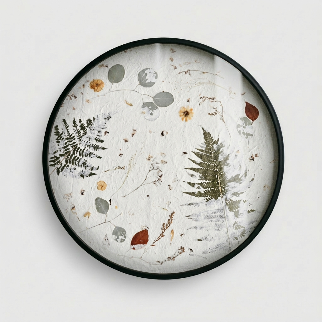 Joanna Jernajczyk for Nudiflorum R55/05 — circular botanical wall art with pressed ferns, eucalyptus, dried flowers and meadow botanicals on white textured ground, black metal frame, 55 cm