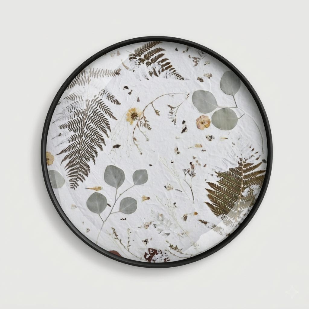 Joanna Jernajczyk for Nudiflorum R55/06 — circular botanical wall art with pressed ferns, eucalyptus, dried flowers and meadow botanicals on white textured ground, black metal frame, 55 cm