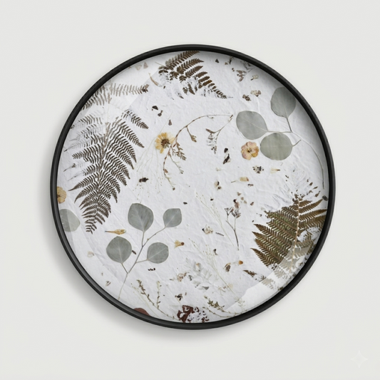 Joanna Jernajczyk for Nudiflorum R55/06 — circular botanical wall art with pressed ferns, eucalyptus, dried flowers and meadow botanicals on white textured ground, black metal frame, 55 cm
