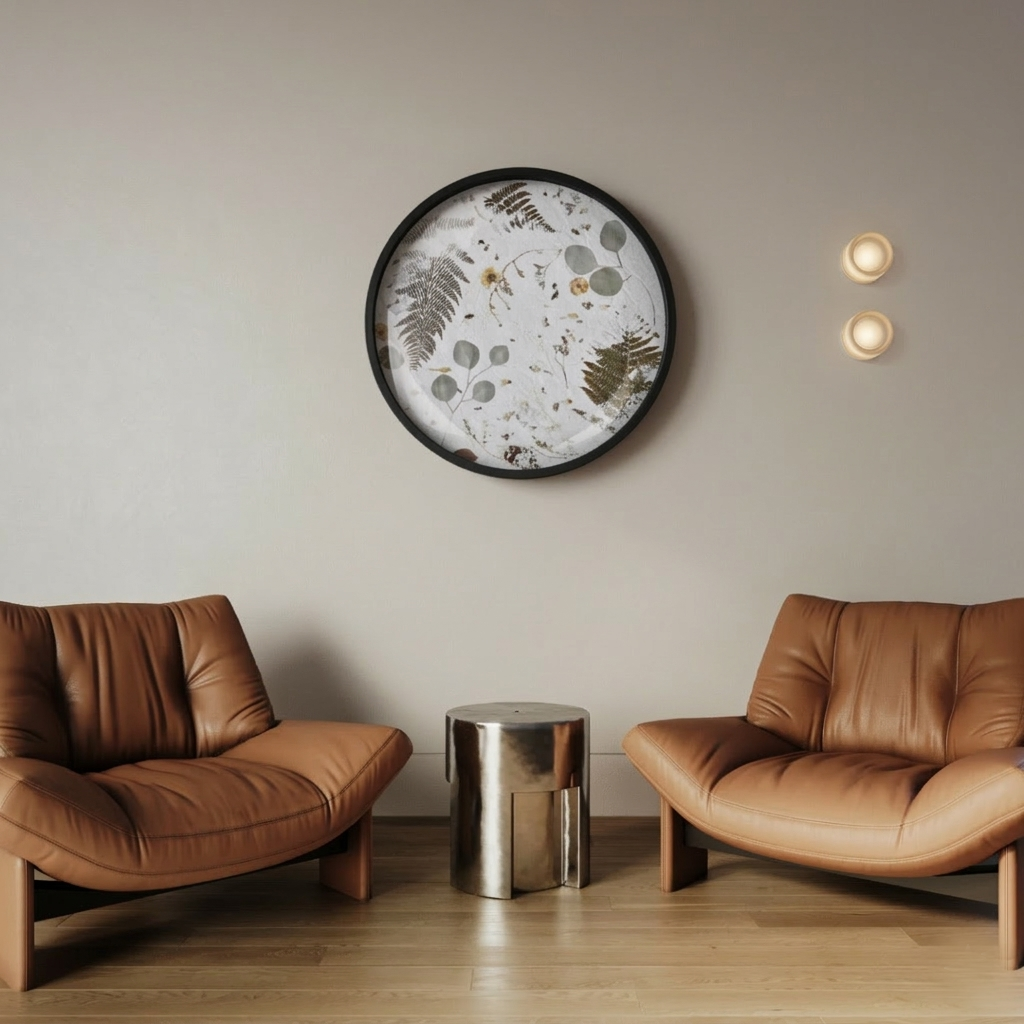 A round wall decoration with a floral motif, the Nudiflorum R55/06, hangs on a neutral wall in a minimalist living room featuring caramel-coloured leather armchairs and a steel coffee table
