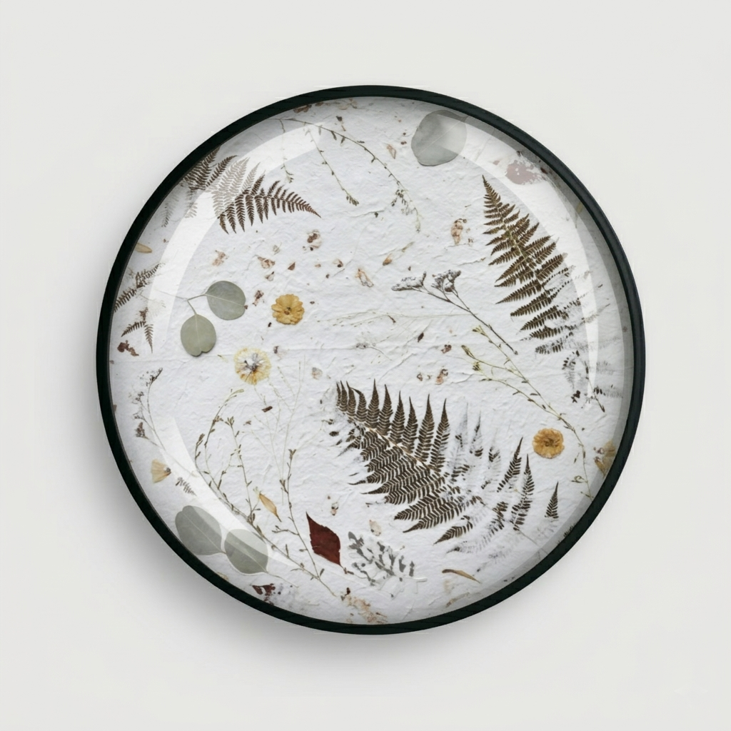 Joanna Jernajczyk for Nudiflorum R55/07 — circular botanical wall art with pressed ferns, eucalyptus, dried flowers and meadow botanicals on white textured ground, black metal frame, 55 cm