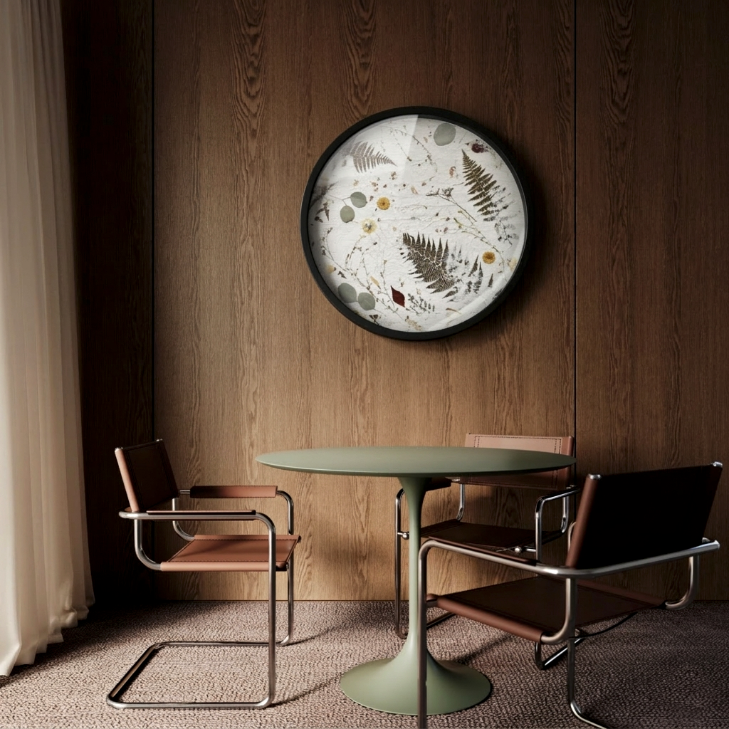 The Nudiflorum R55/07 botanical object hangs above a round green table with metal chairs upholstered in caramel-coloured leather. The wall is finished in warm natural wood