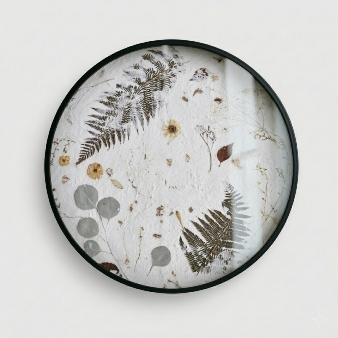 Joanna Jernajczyk for Nudiflorum R55/08 — circular botanical wall art with pressed ferns, eucalyptus, dried flowers and meadow botanicals on white textured ground, black metal frame, 55 cm