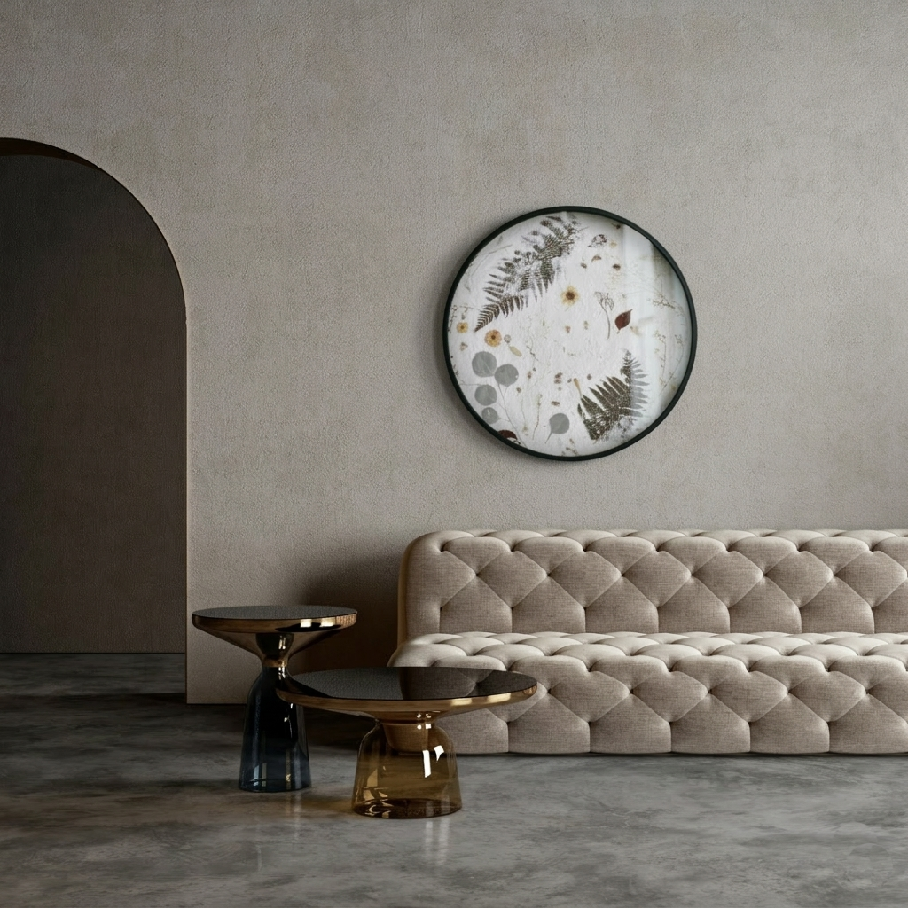 The Nudiflorum R55/08 botanical print hangs above a beige quilted velour sofa in a modern living room with walls painted in a warm shade of grey; the floor is concrete and there are two contemporary glass coffee tables