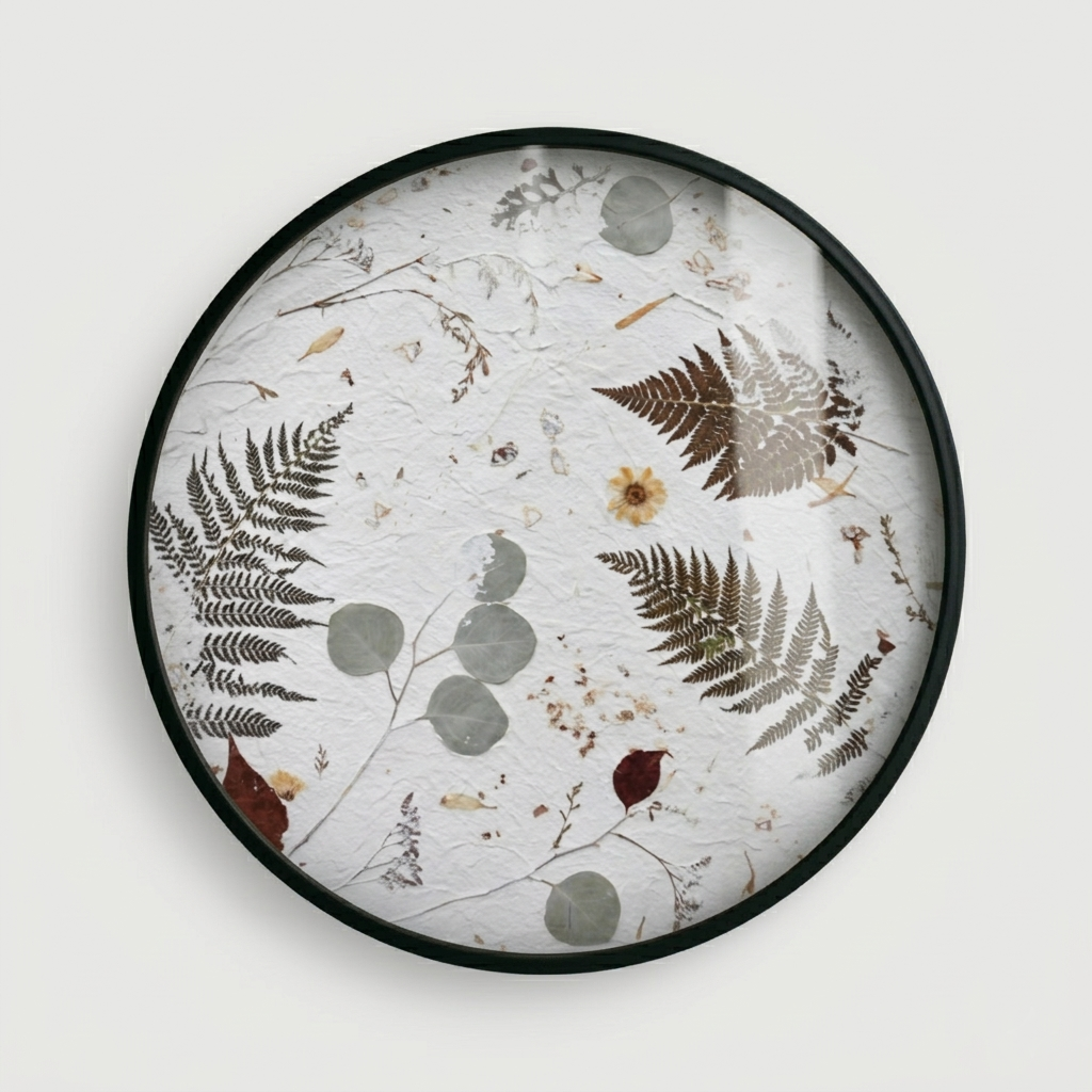 Joanna Jernajczyk for Nudiflorum R55/09 — circular botanical wall art with pressed ferns, eucalyptus, dried flowers and meadow botanicals on white textured ground, black metal frame, 55 cm