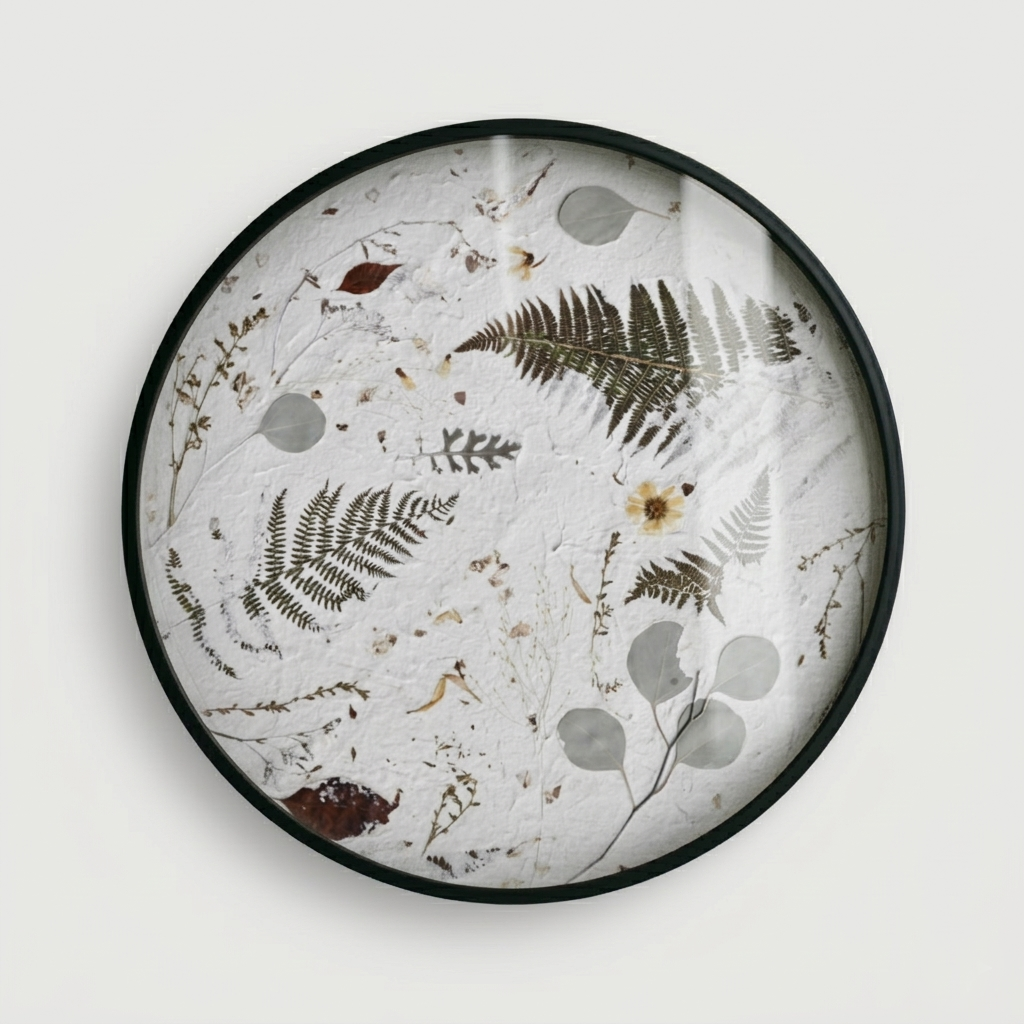 Joanna Jernajczyk for Nudiflorum R55/10 — circular botanical wall art with pressed ferns, eucalyptus, dried flowers and meadow botanicals on white textured ground, black metal frame, 55 cm