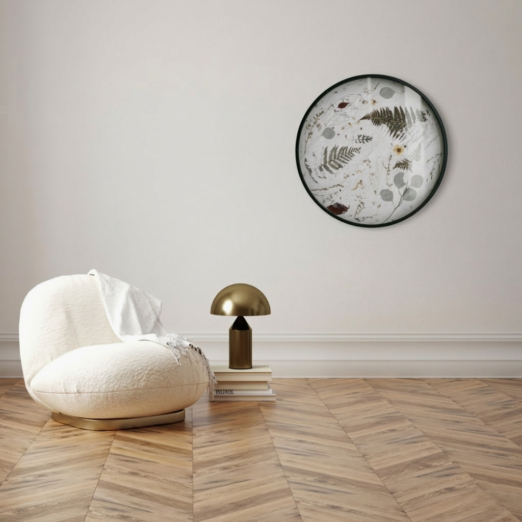 The Nudiflorum R55/10 wall decoration hangs on a wall in a warm taupe shade next to a white bouclé armchair, complemented by a brass lamp and books. The floor is laid with French herringbone parquet.