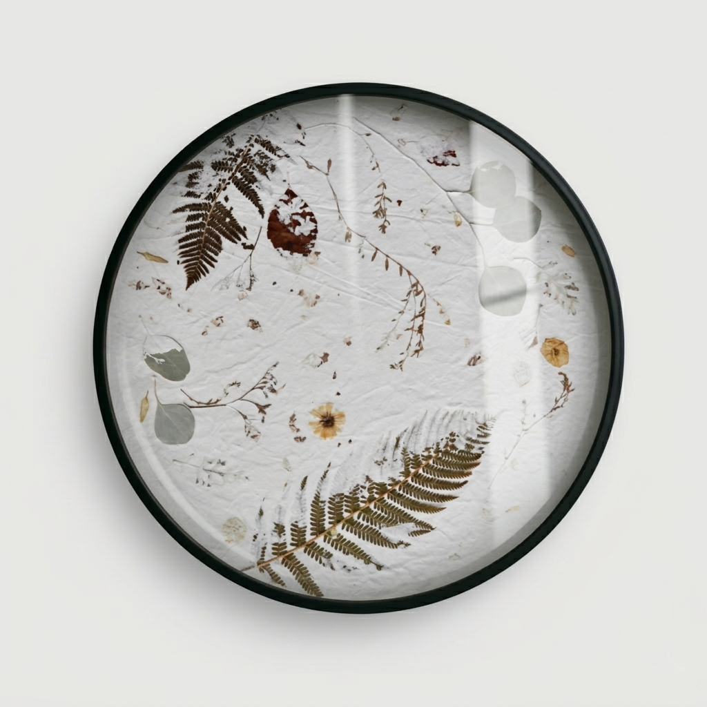 Joanna Jernajczyk for Nudiflorum R55/02 — circular botanical wall art with pressed ferns in diagonal sweep, eucalyptus, dried yellow flowers and autumn leaves, black metal frame with glass, 55 cm