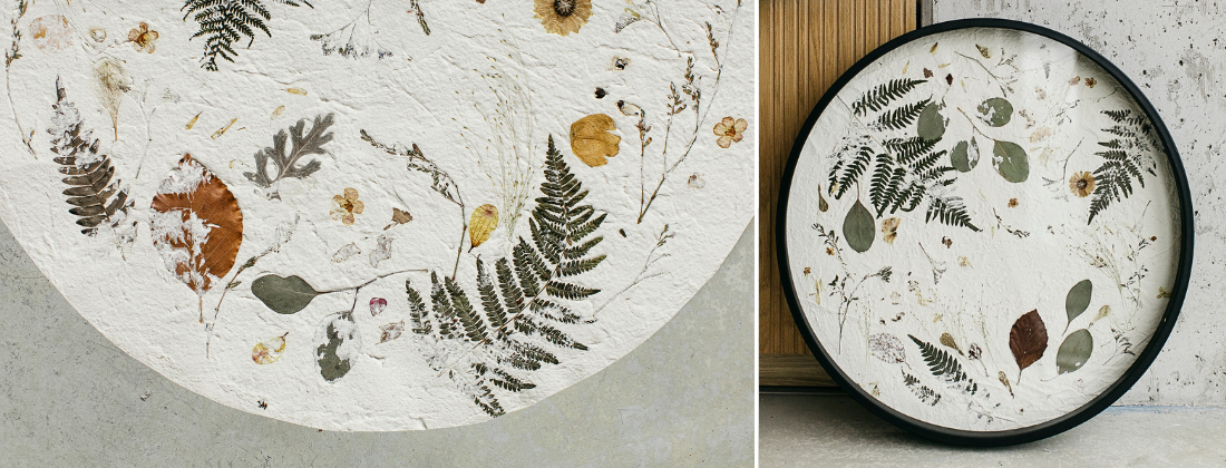 Nudiflorum R55 collection botanical wall art — circular pressed plant composition in an interior setting, by Joanna Jernajczyk